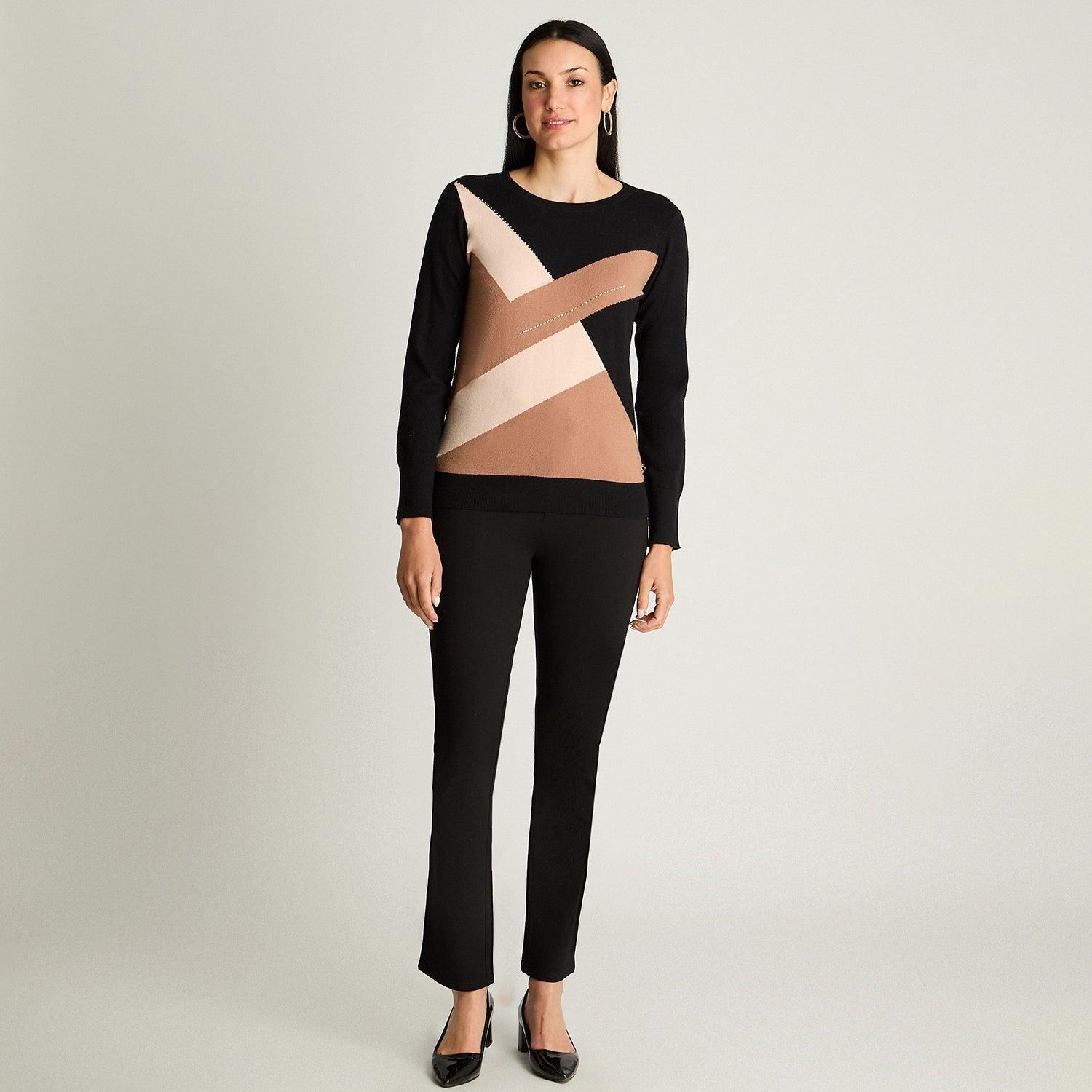 Sweater Manga Larga Escote Redondo Color Block Camel-3