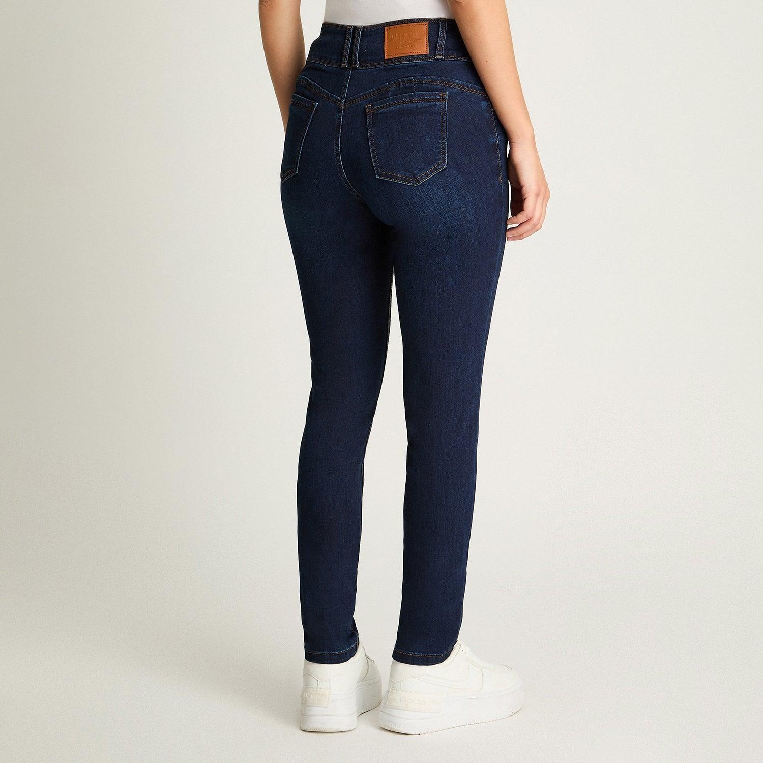 Jeans Slim 5 Bolsillos Pretina Dos Botones Push Up Azul Marino-1