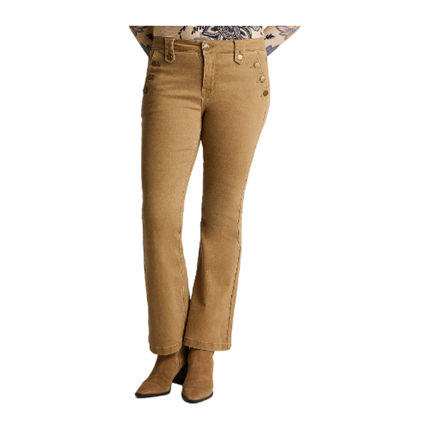 Jeans Camel Corte Flare con Botones Dorados en Bolsillos-0