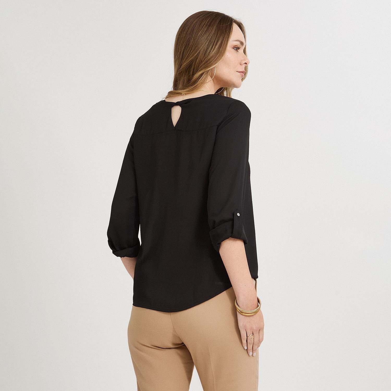 Blusa Lisa Escote Redondo Manga Roll Up Negro-1