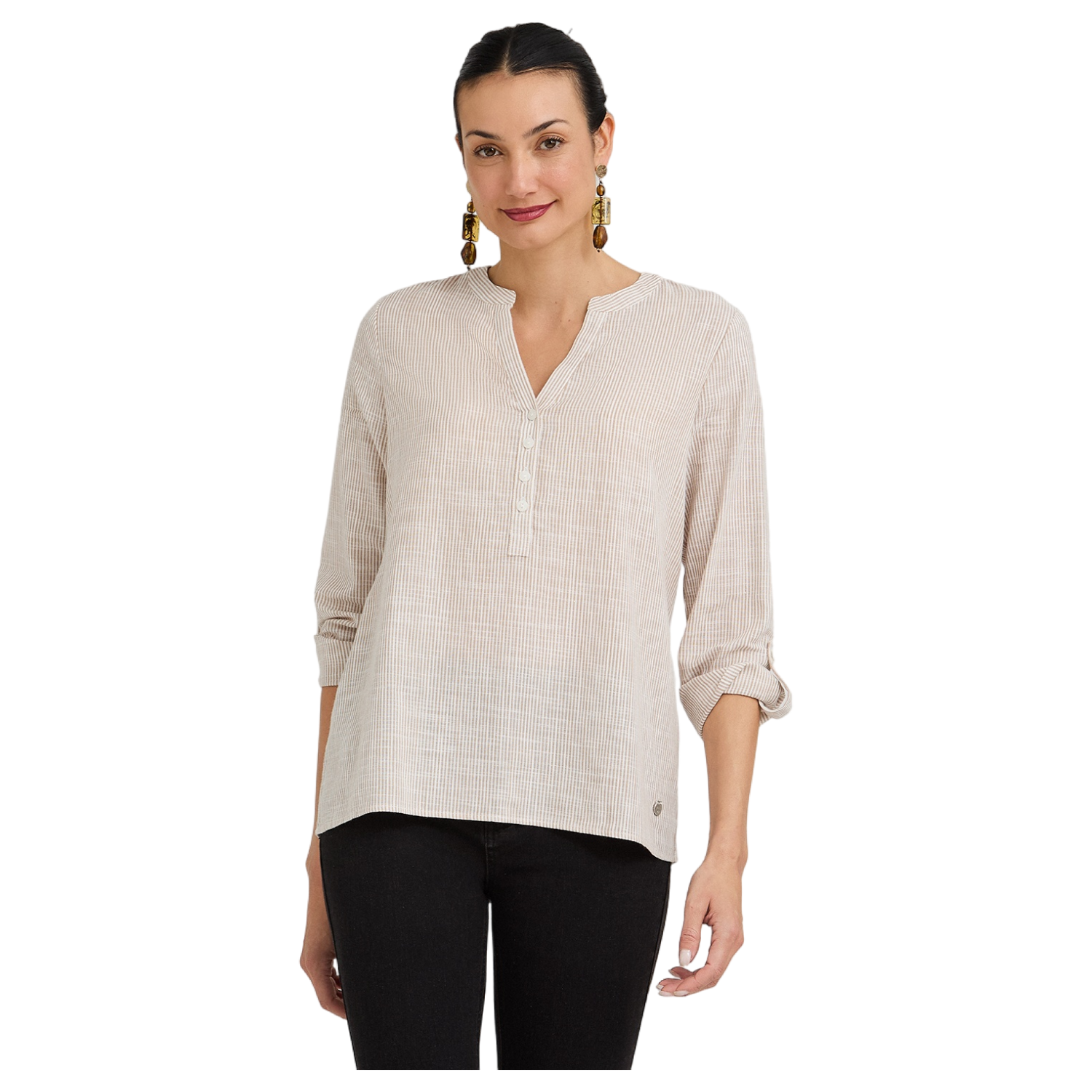Blusa Look Lino Manga Roll Up Escote Mao Camel-0