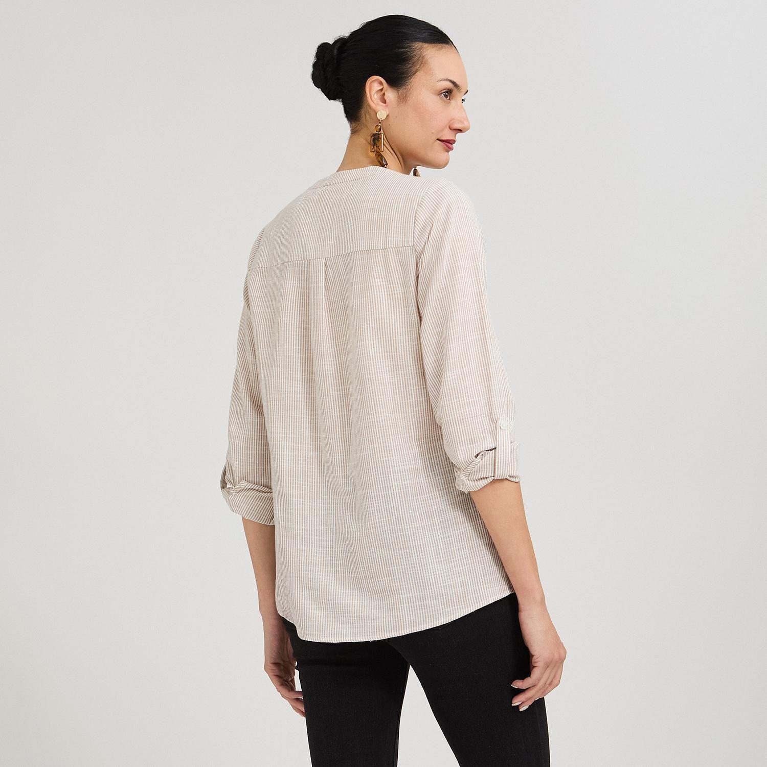 Blusa Look Lino Manga Roll Up Escote Mao Camel-1