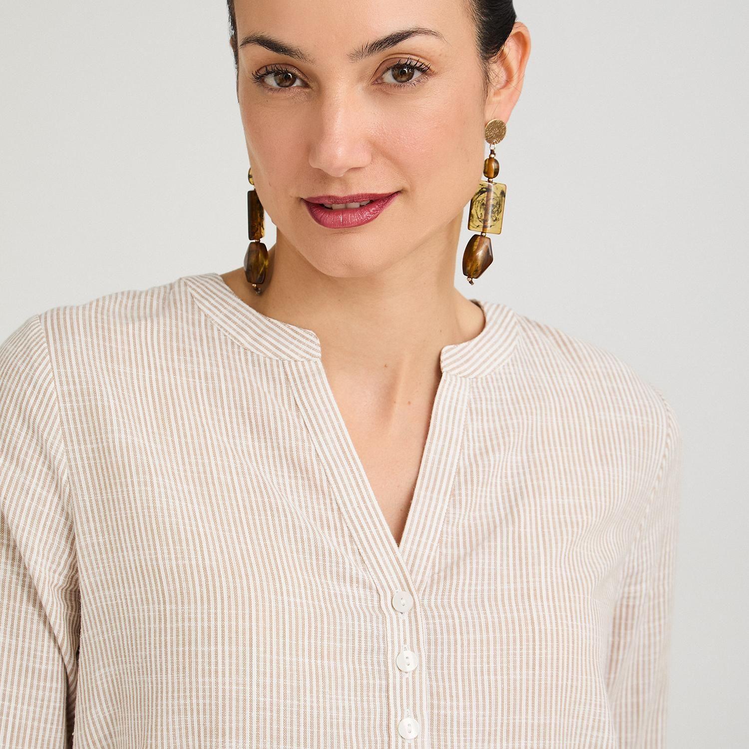 Blusa Look Lino Manga Roll Up Escote Mao Camel-2
