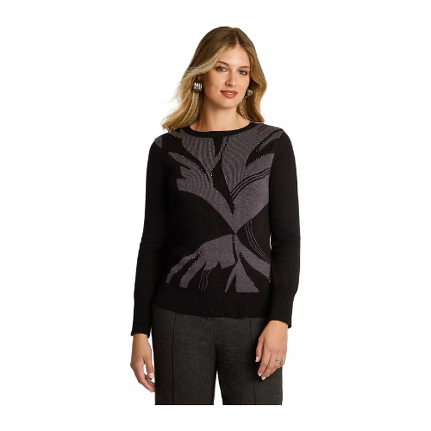 Sweater Negro con Estampado Floral Abstracto en Tejido-0