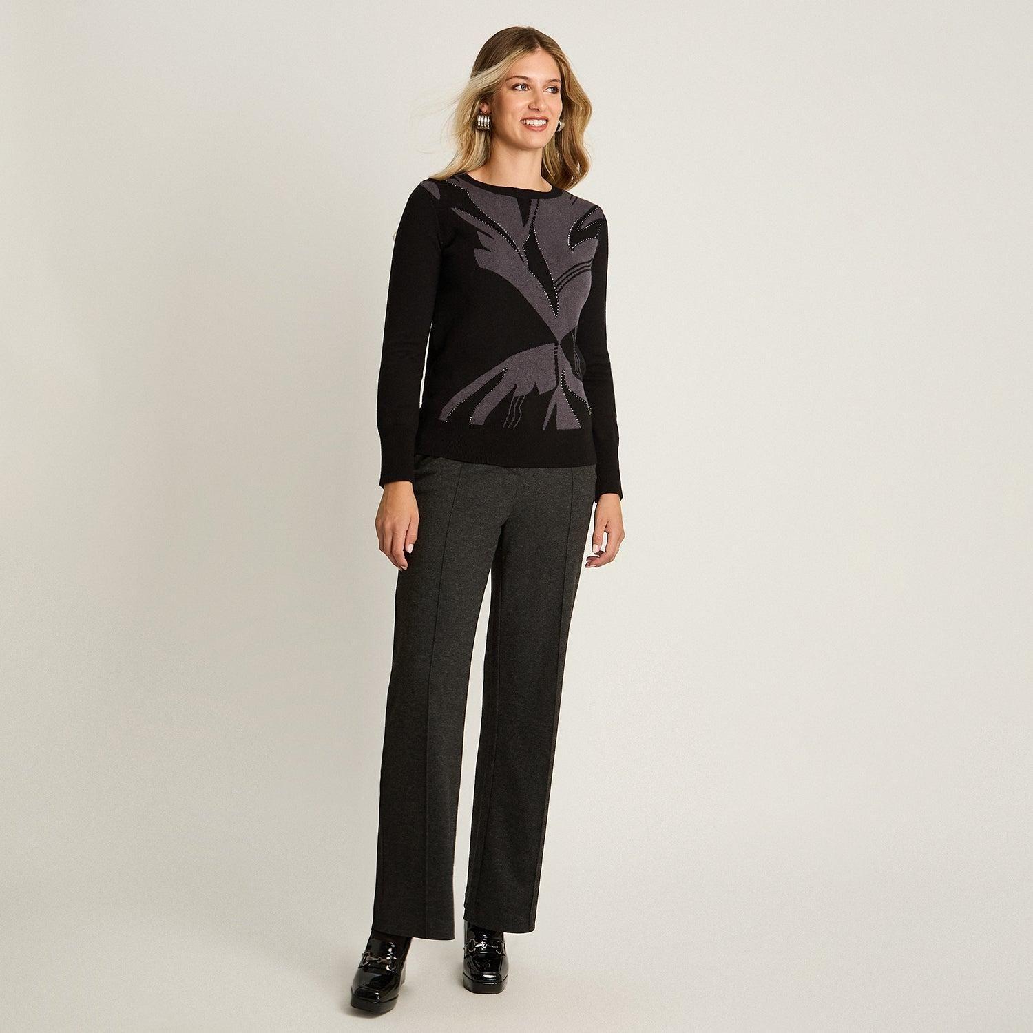 Sweater Negro con Estampado Floral Abstracto en Tejido-3