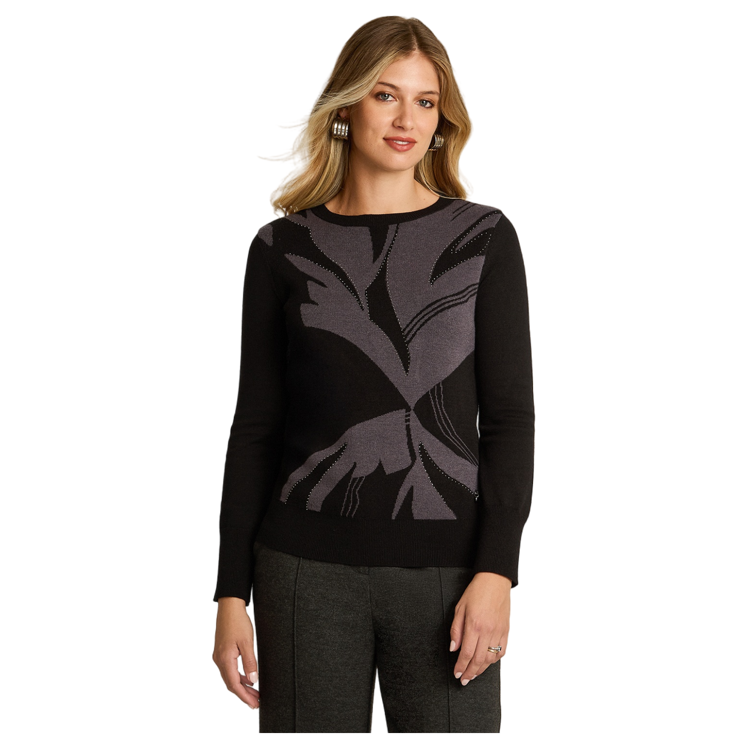 Sweater Negro con Estampado Floral Abstracto en Tejido-0
