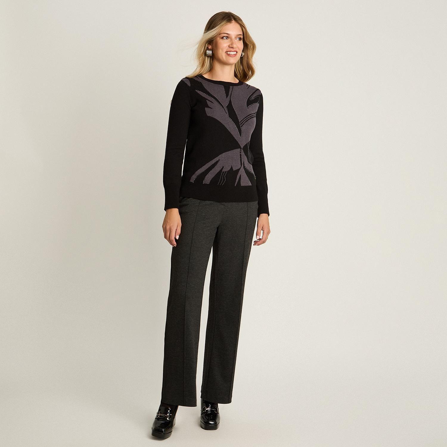 Sweater Negro con Estampado Floral Abstracto en Tejido-3