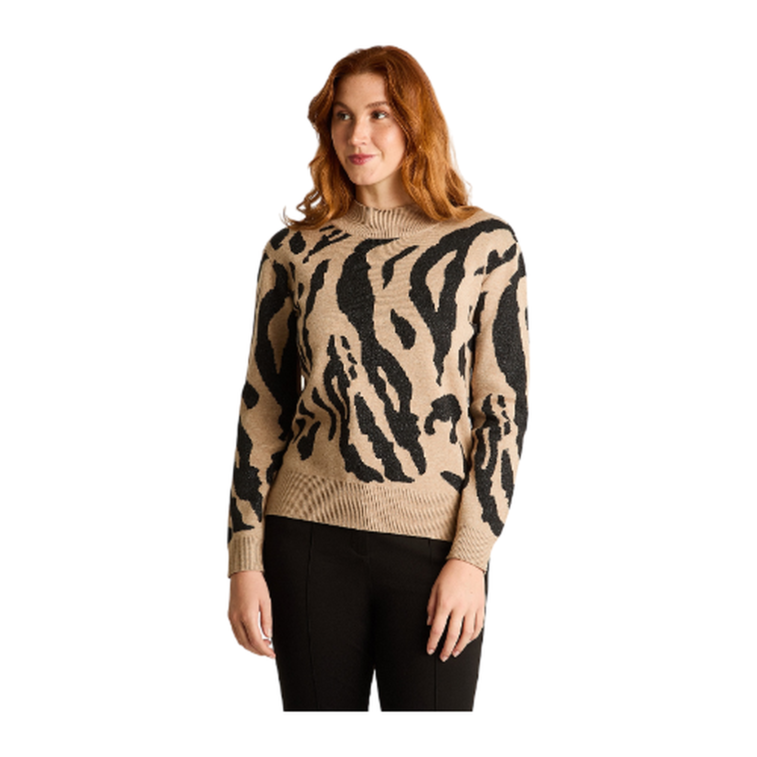 Sweater Camel con Estampado Animal Print y Lurex en Tejido-0