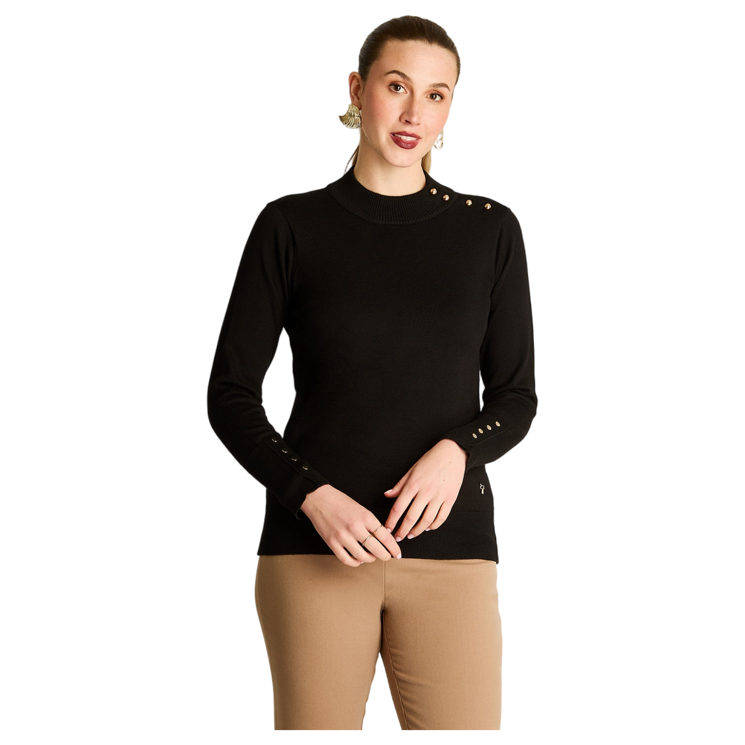 Sweater Negro Cuello Mock con Botones en Hombro y Mangas-0