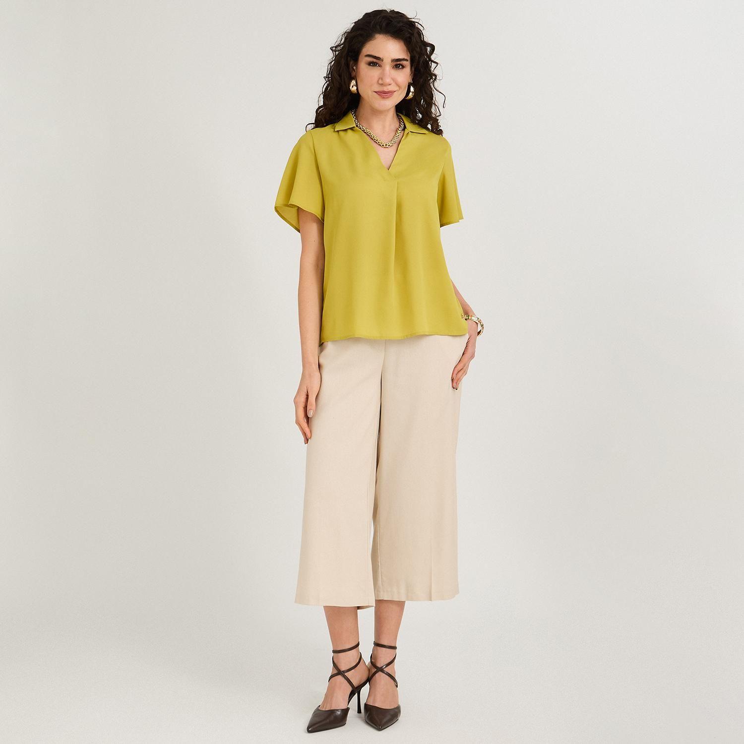 Blusa Manga Corta Cuello Camisero Verde-3