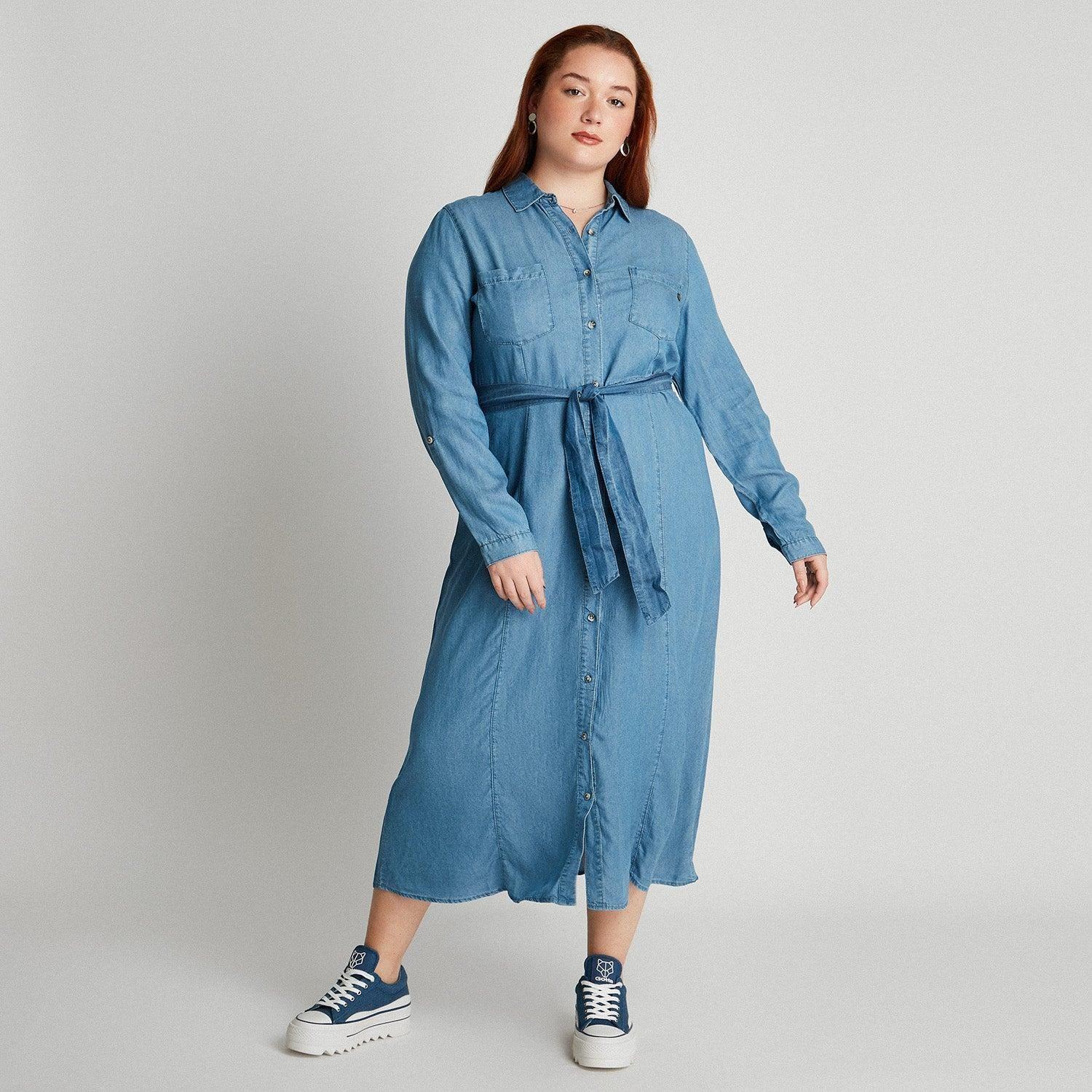Vestido De Lyocell Con Amarre En Cintura Azul Claro-1
