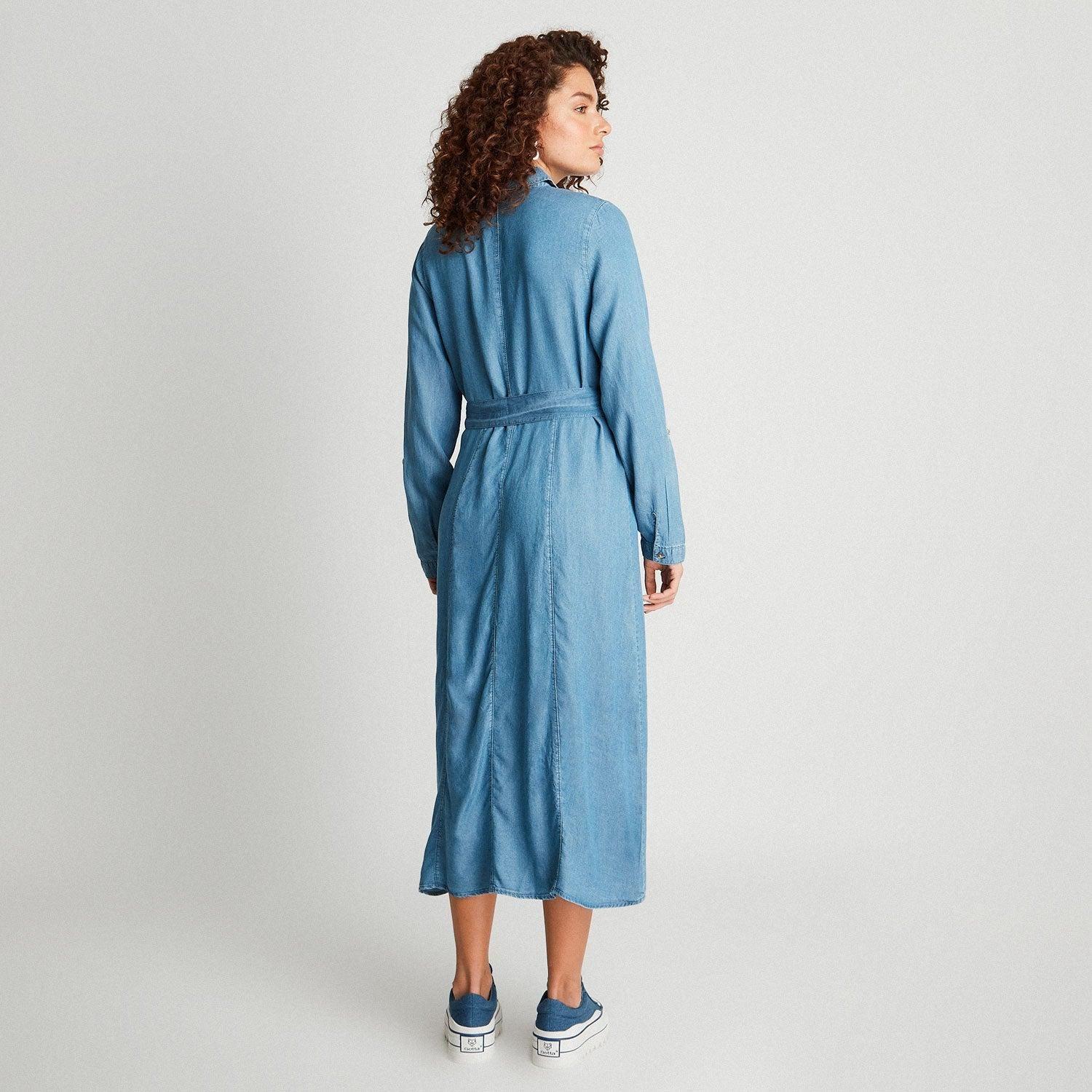Vestido De Lyocell Con Amarre En Cintura Azul Claro-2