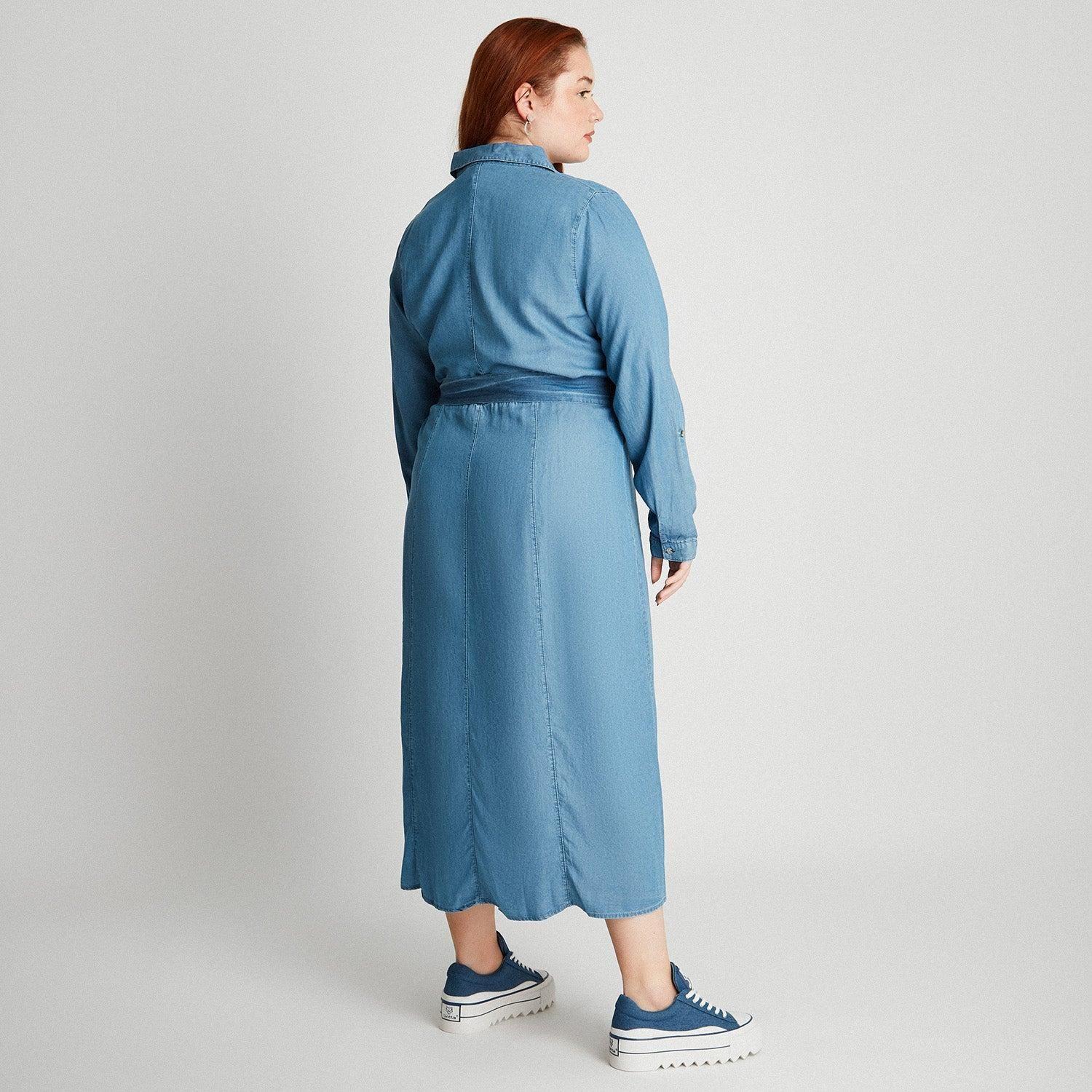 Vestido De Lyocell Con Amarre En Cintura Azul Claro-3
