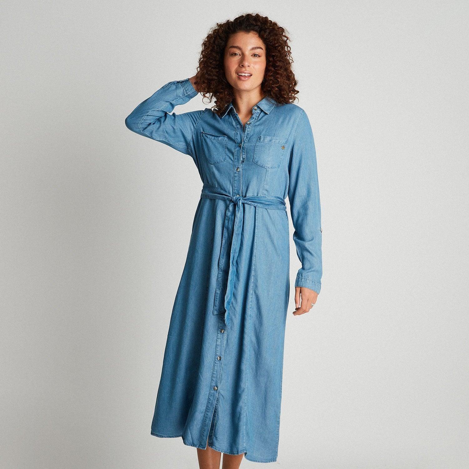 Vestido De Lyocell Con Amarre En Cintura Azul Claro-6