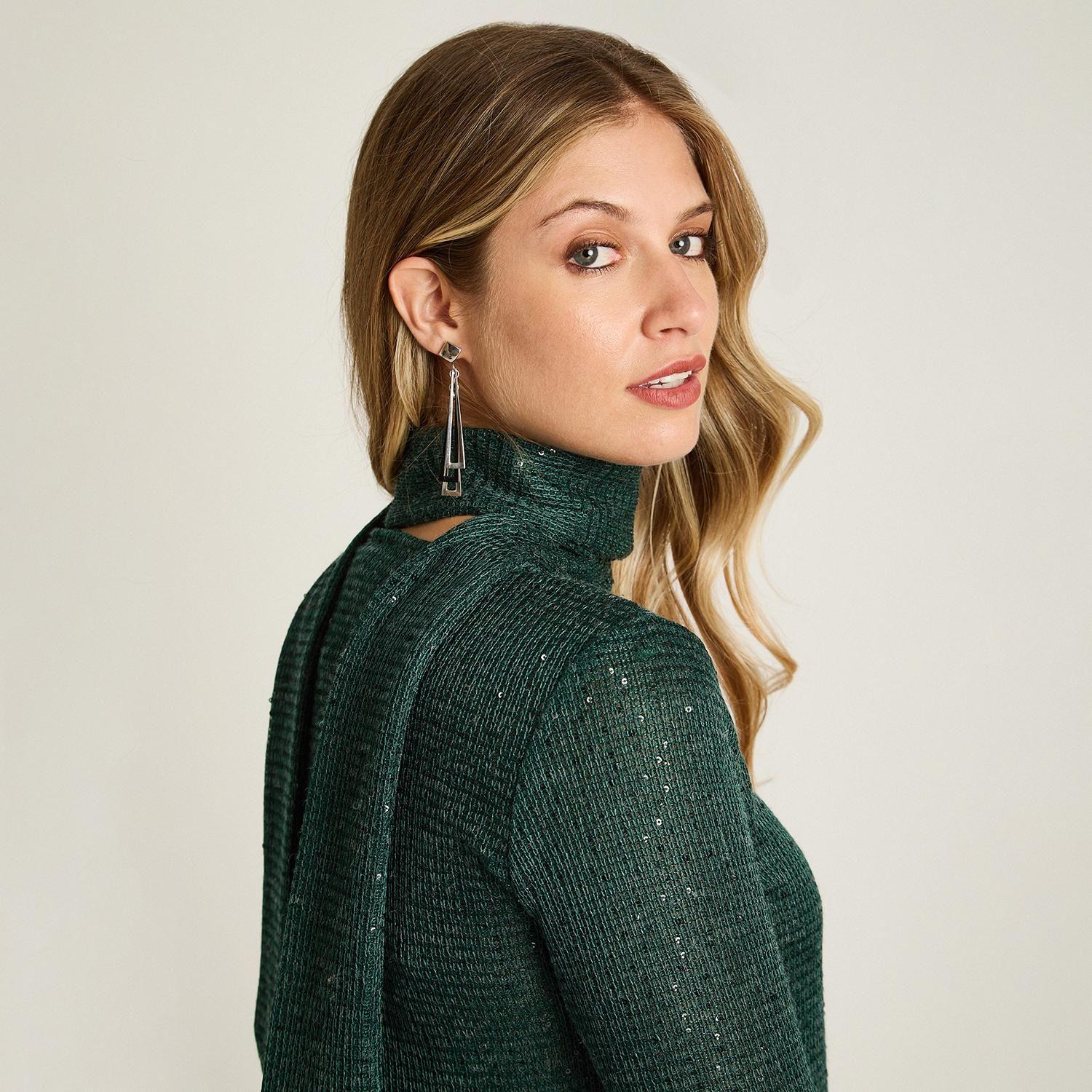 Polera Verde de Lanilla con Lentejuelas y Bufanda Incorporada-2