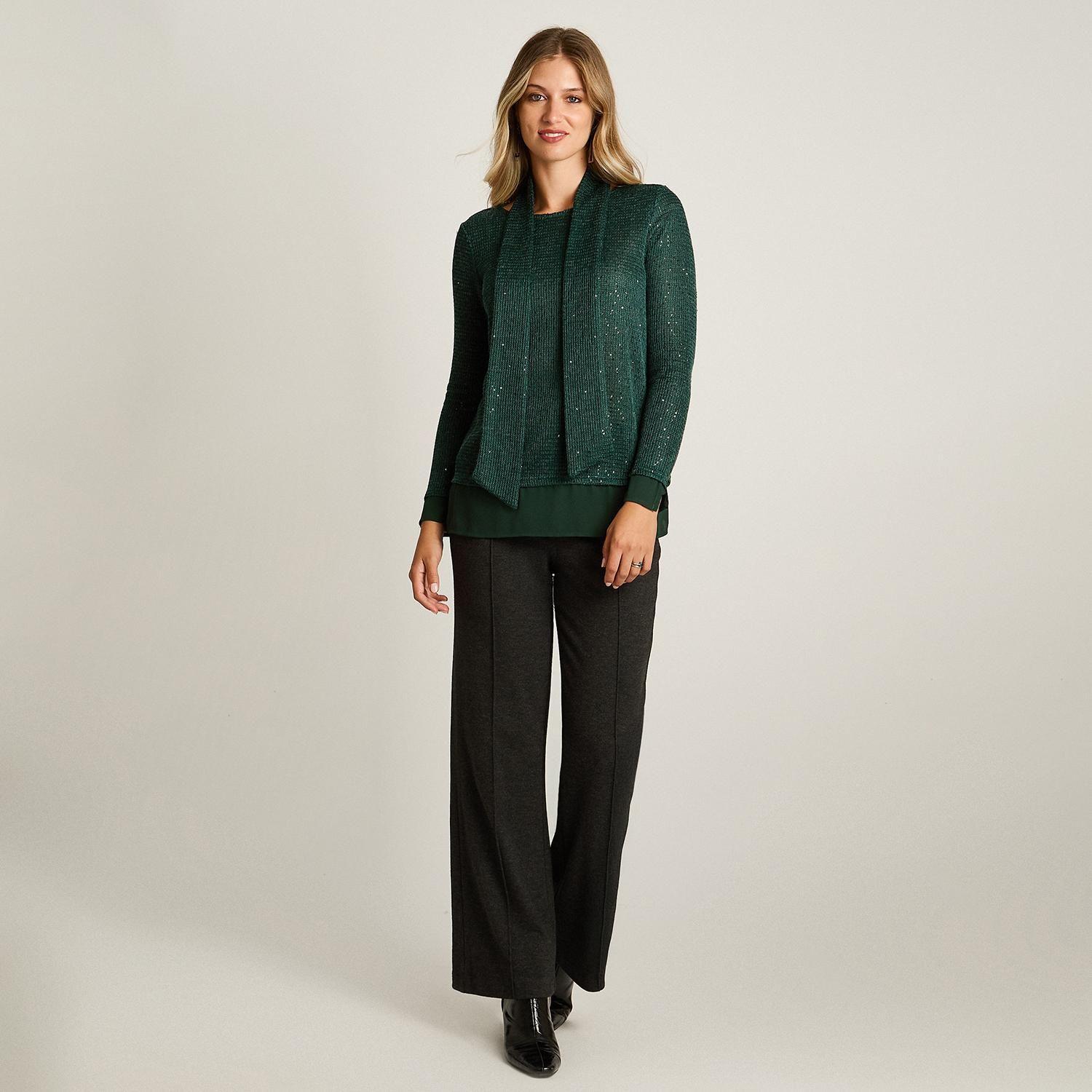 Polera Verde de Lanilla con Lentejuelas y Bufanda Incorporada-3