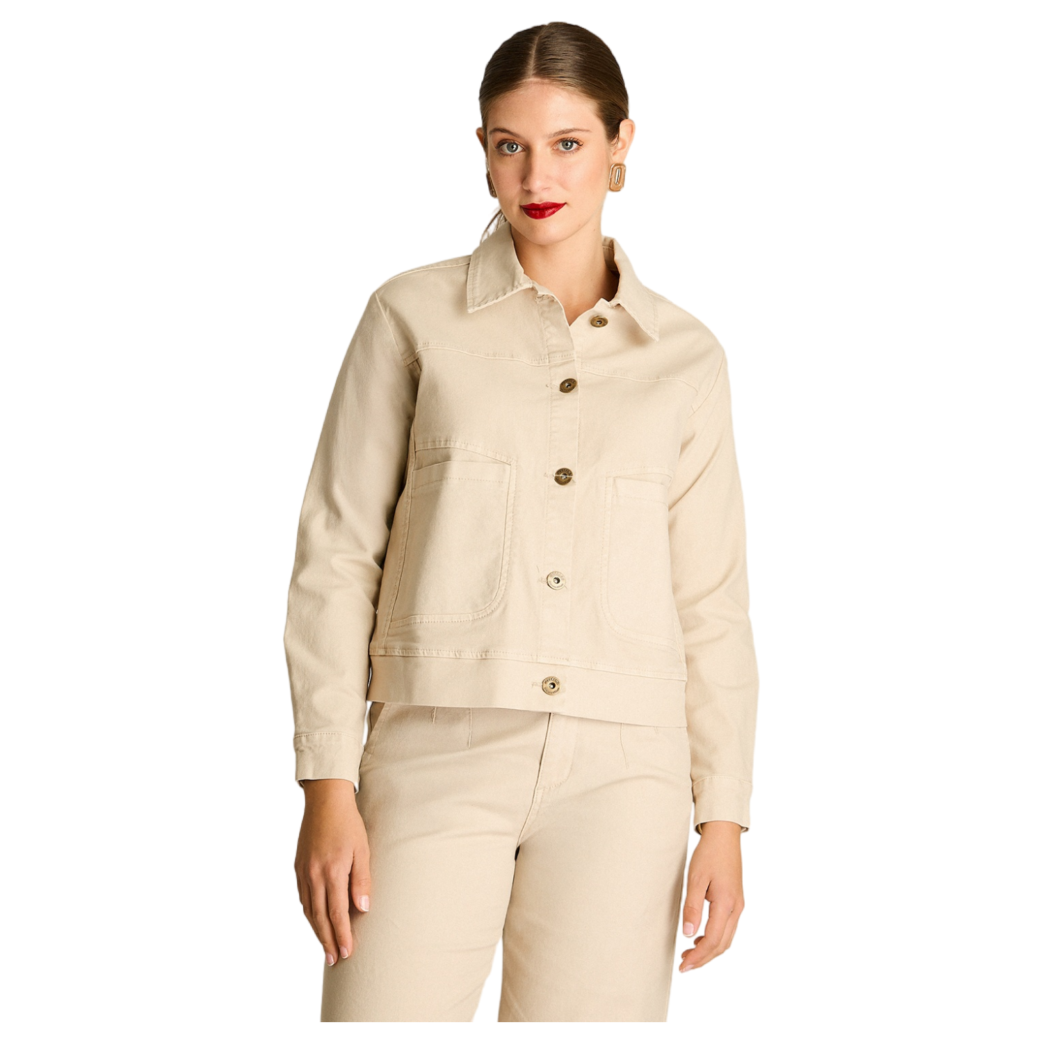 Chaqueta Abotonada Crudo con Bolsillos-0