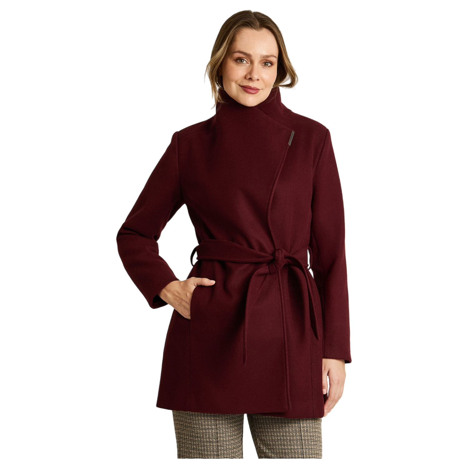 Abrigo Burdeo con Amarra en Cintura y Cuello Alto-0
