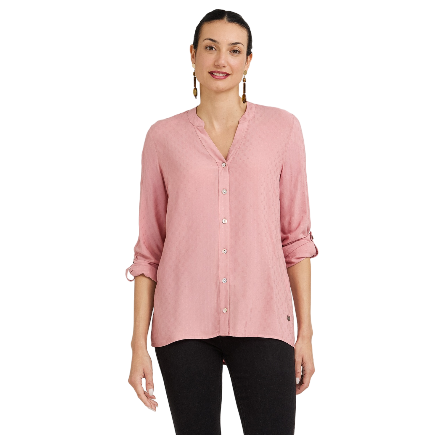 Blusa Escote Mao Manga Roll Up con Textura Rosado-0