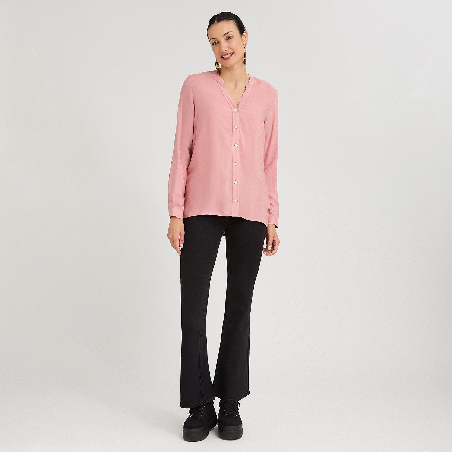 Blusa Escote Mao Manga Roll Up con Textura Rosado-3