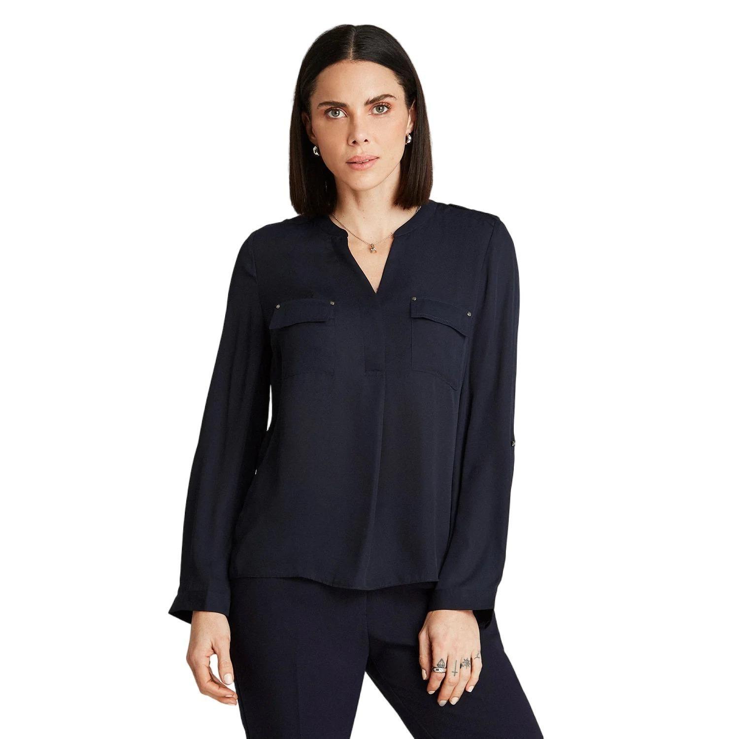 Blusa Azul Manga Larga Cuello Mao-0