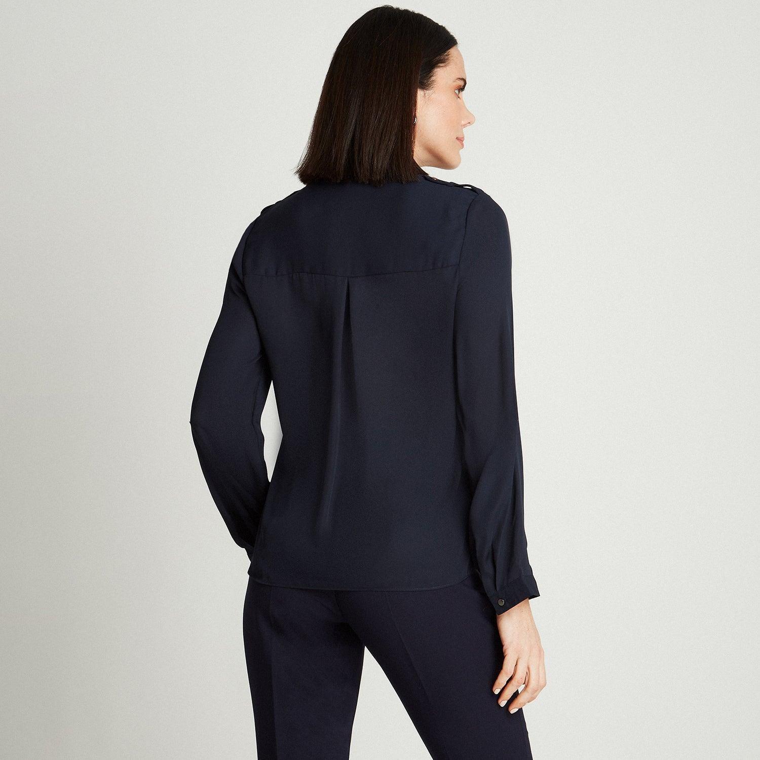 Blusa Azul Manga Larga Cuello Mao-1