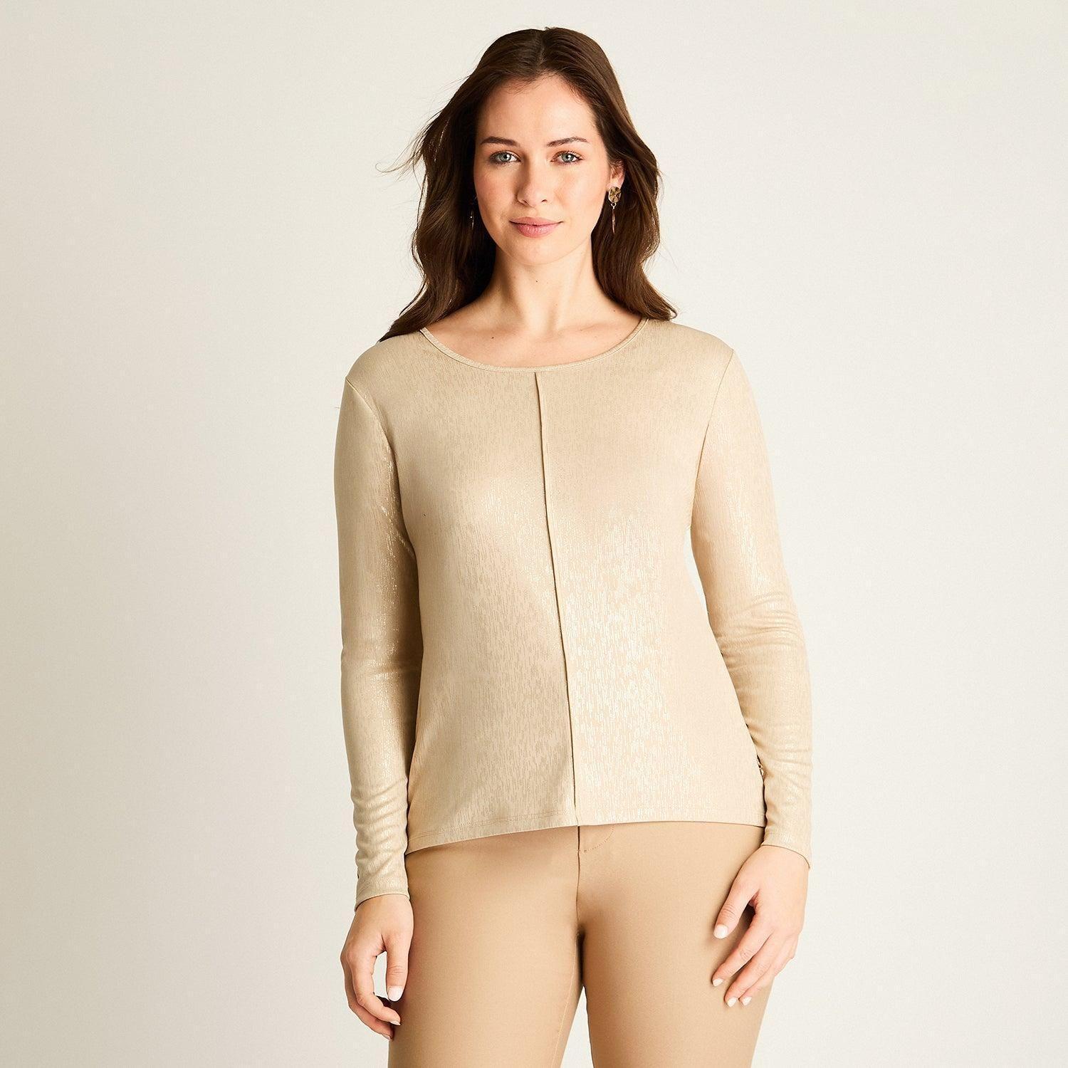 Polera Beige Manga Larga con Costura Frontal-0