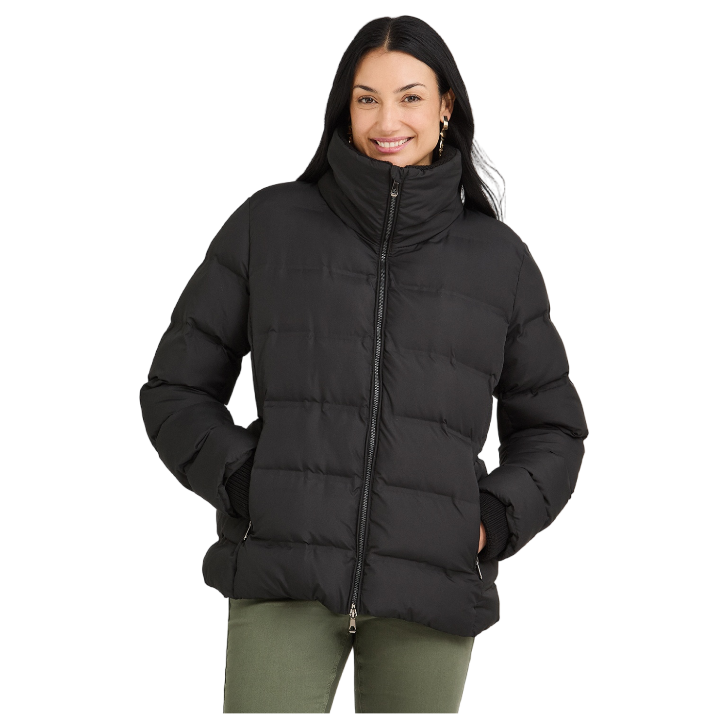 Parka corta negra con detalle de tejido en mangas y cuello-0