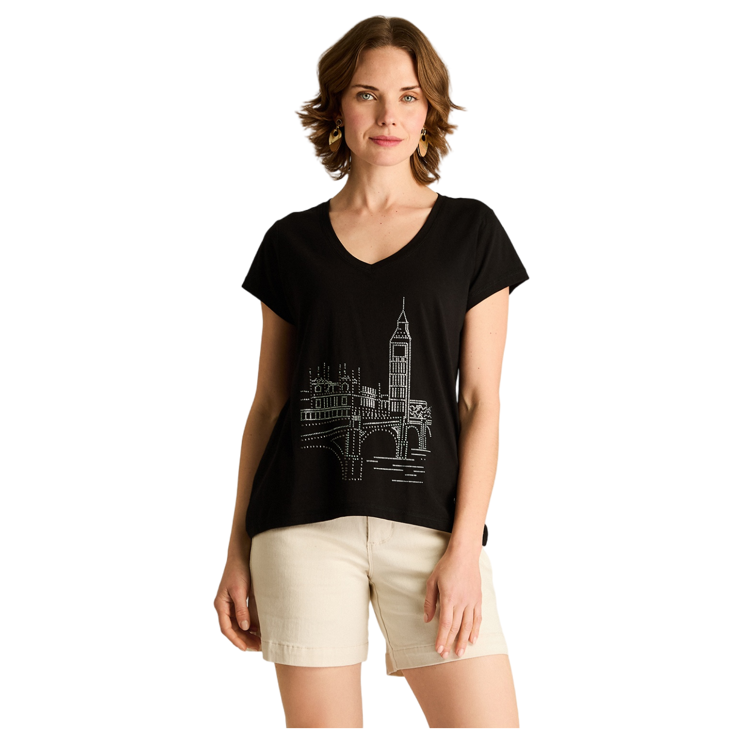 Polera Negra con Estampado Urbano y Escote en V-0