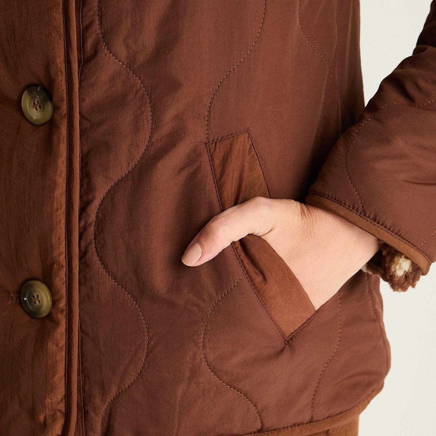 Parka Manga Larga Reversible Sherpa Estampada Café-2