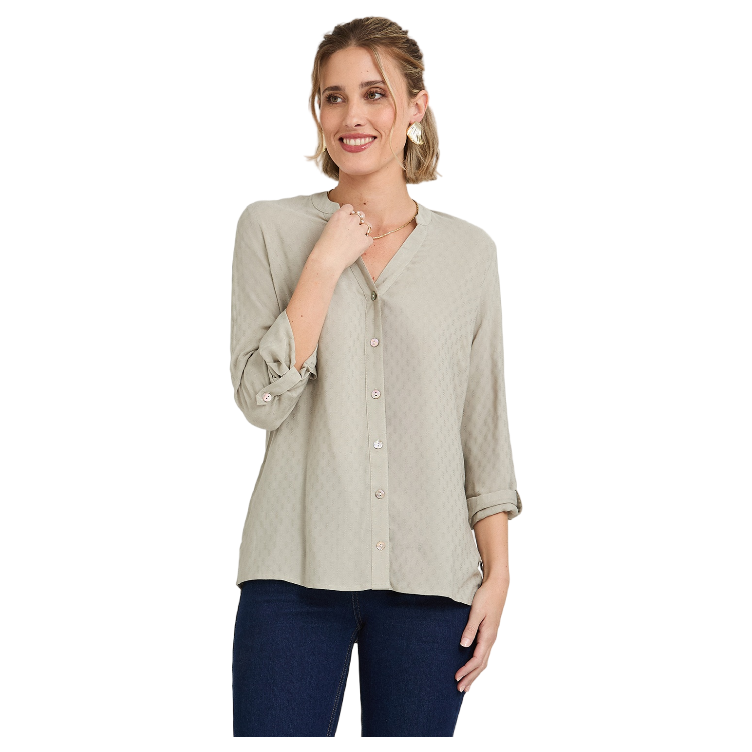 Blusa Escote Mao Manga Roll Up con Textura Verde-0