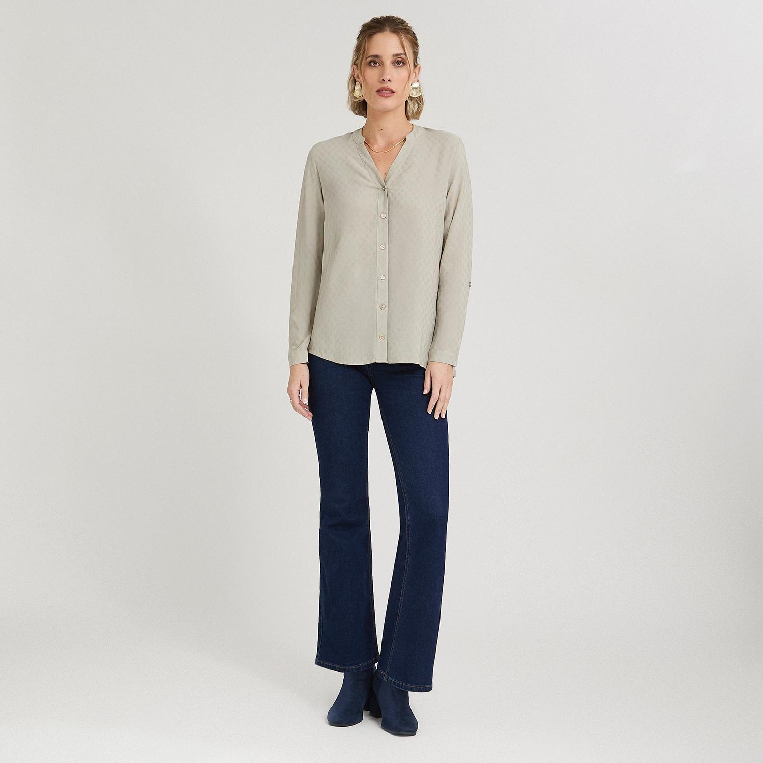 Blusa Escote Mao Manga Roll Up con Textura Verde-3