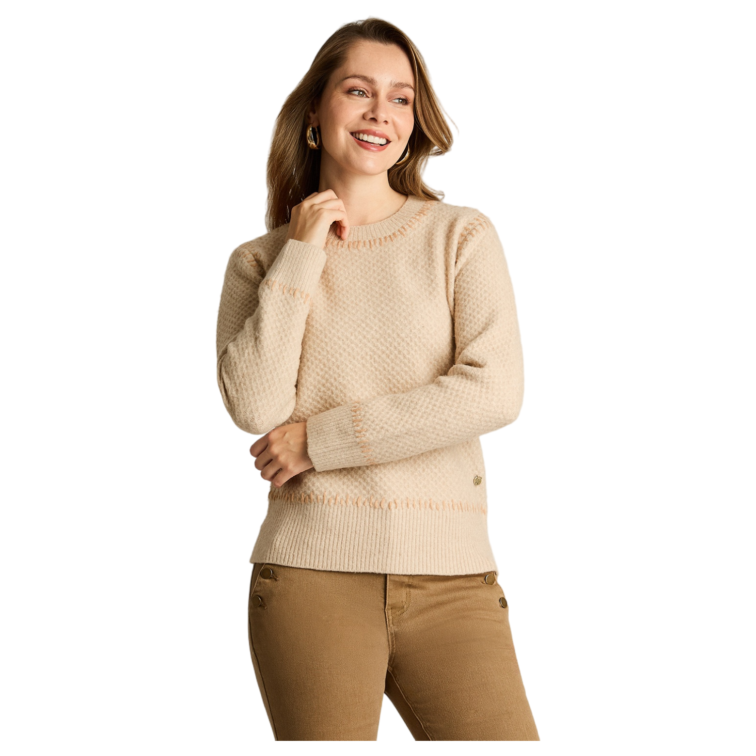 Sweater Beige con Textura y Detalle de Pespunte en Tejido-0
