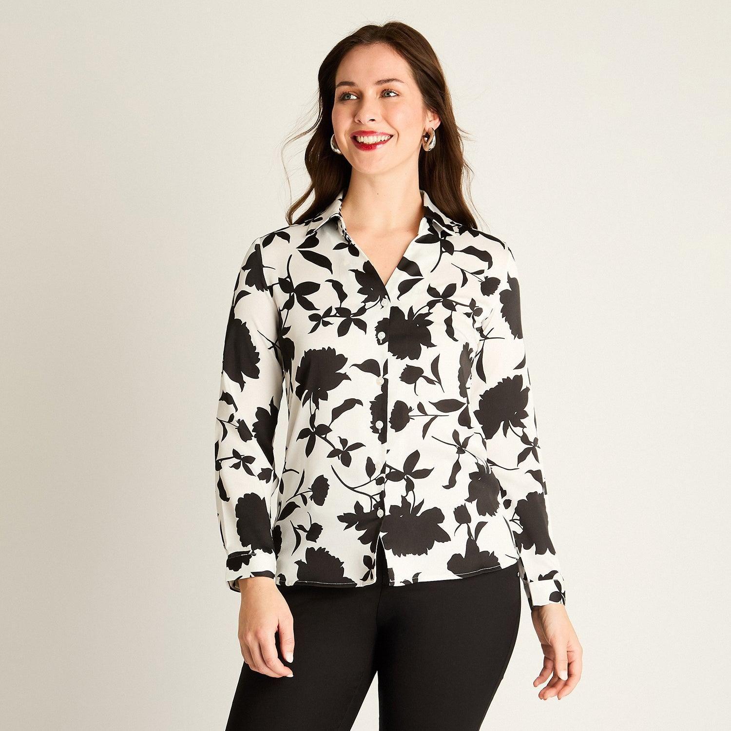 Blusa Negra Floral con Estilo Camisero-0