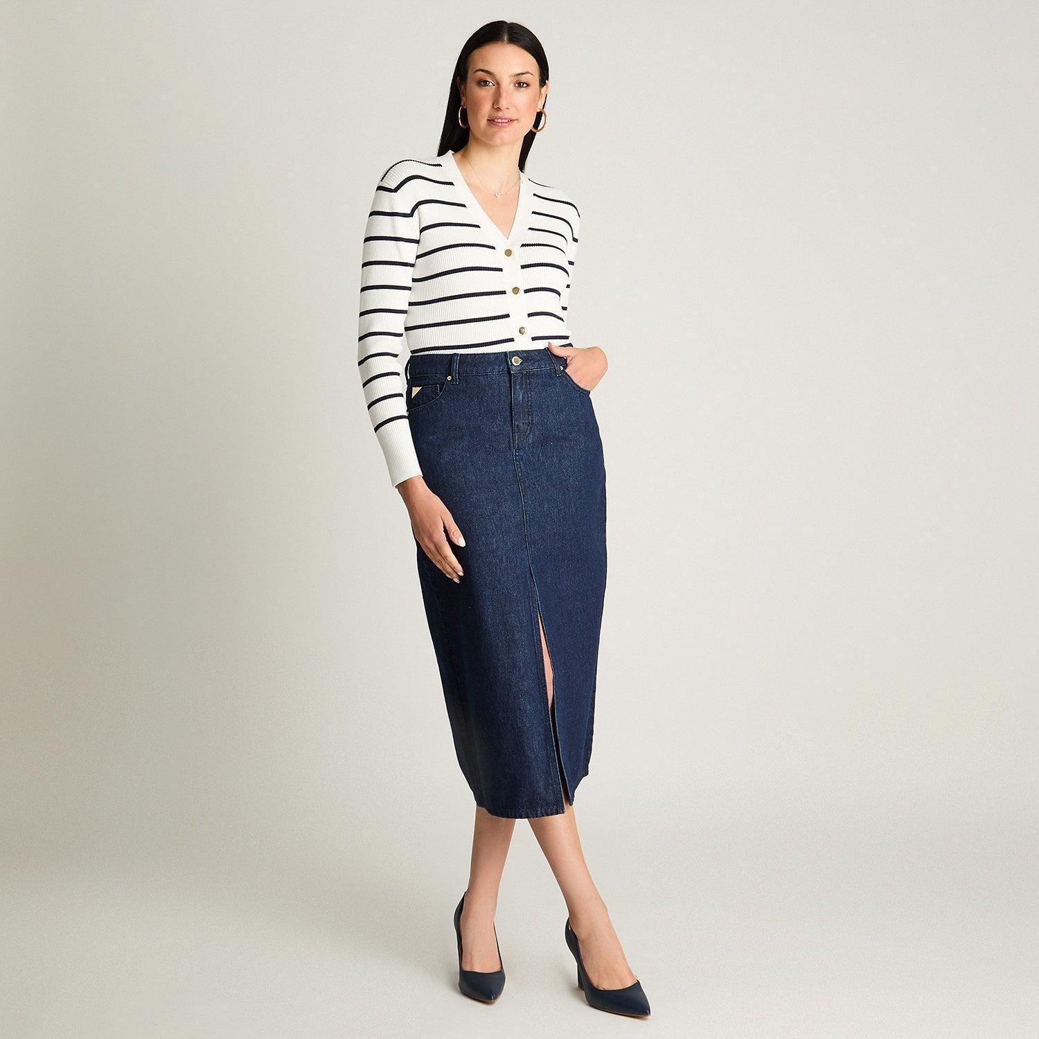 Falda De Denim Midi Con Corte En El Frente Azul-3