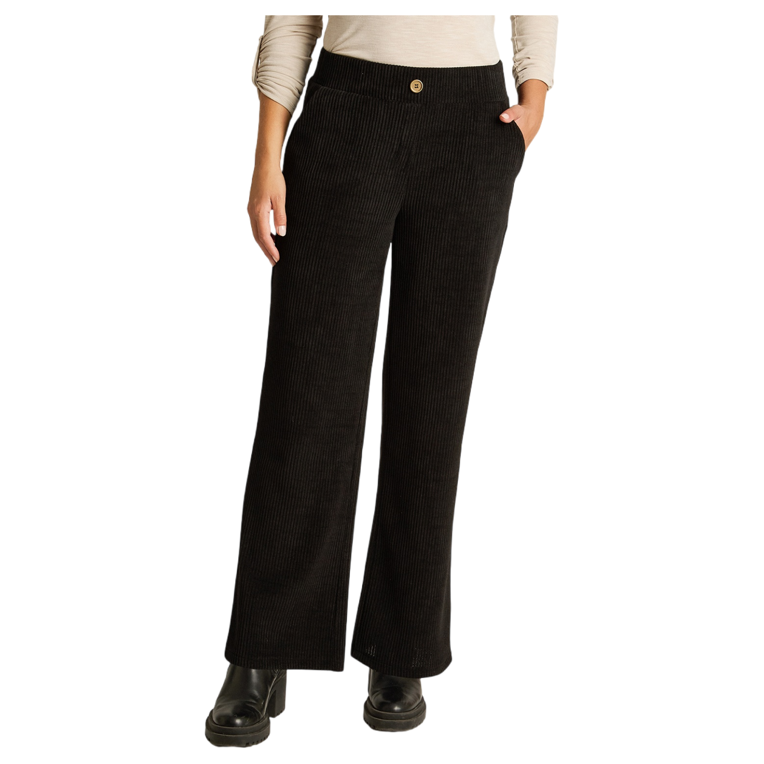 Pantalón Negro Cotelón Corte Ancho con Botón Dorado-0