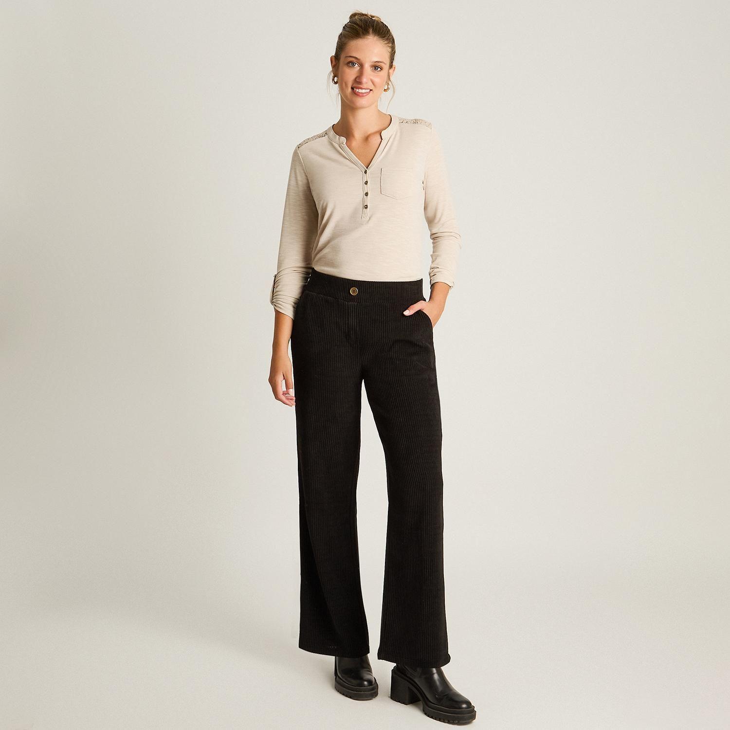 Pantalón Negro Cotelón Corte Ancho con Botón Dorado-3