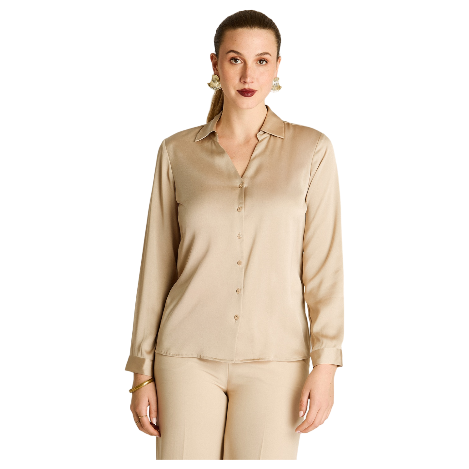 Blusa Camisera Beige Satin Básica-0