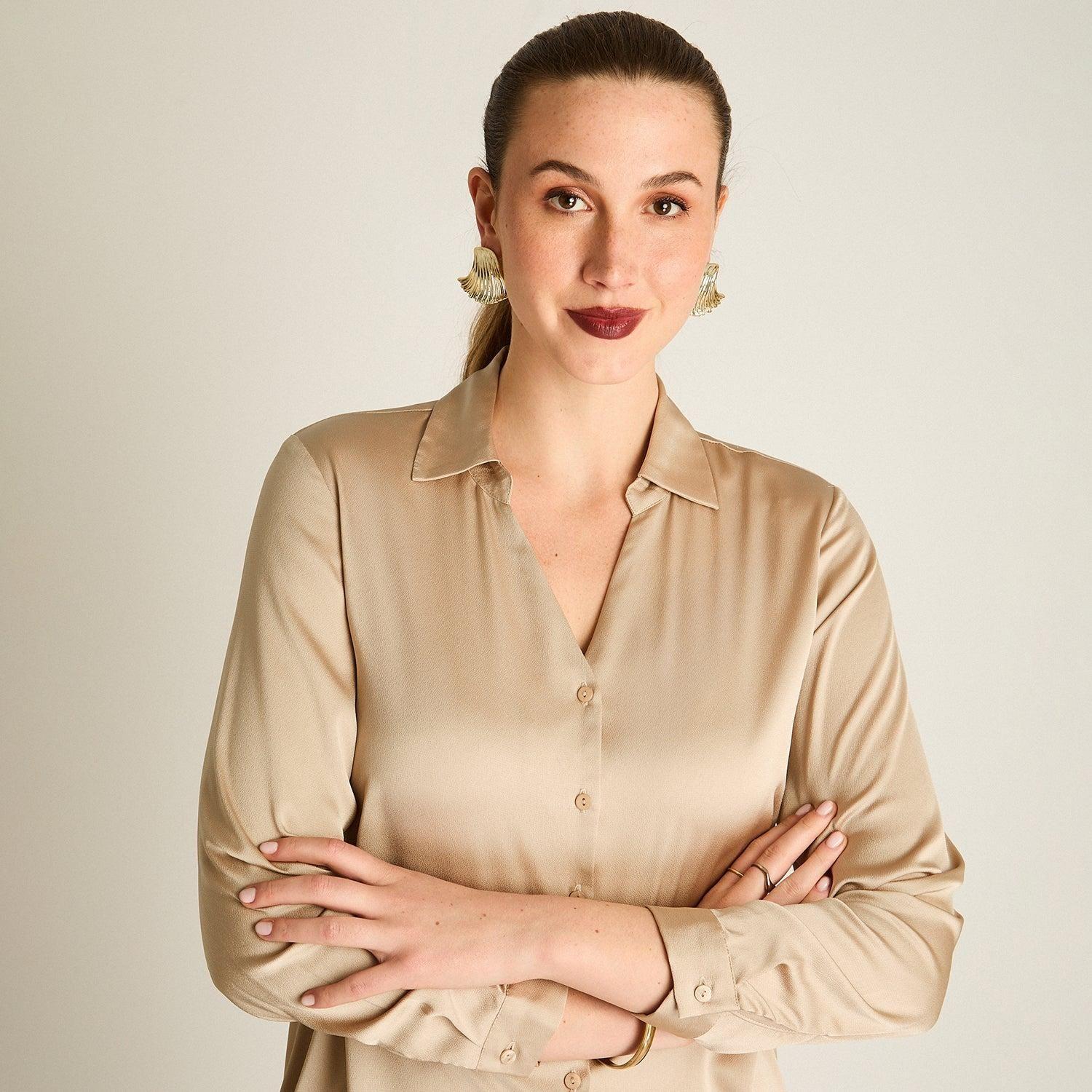 Blusa Camisera Beige Satin Básica-2