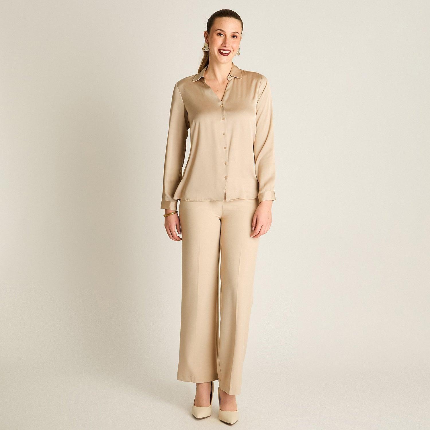 Blusa Camisera Beige Satin Básica-3