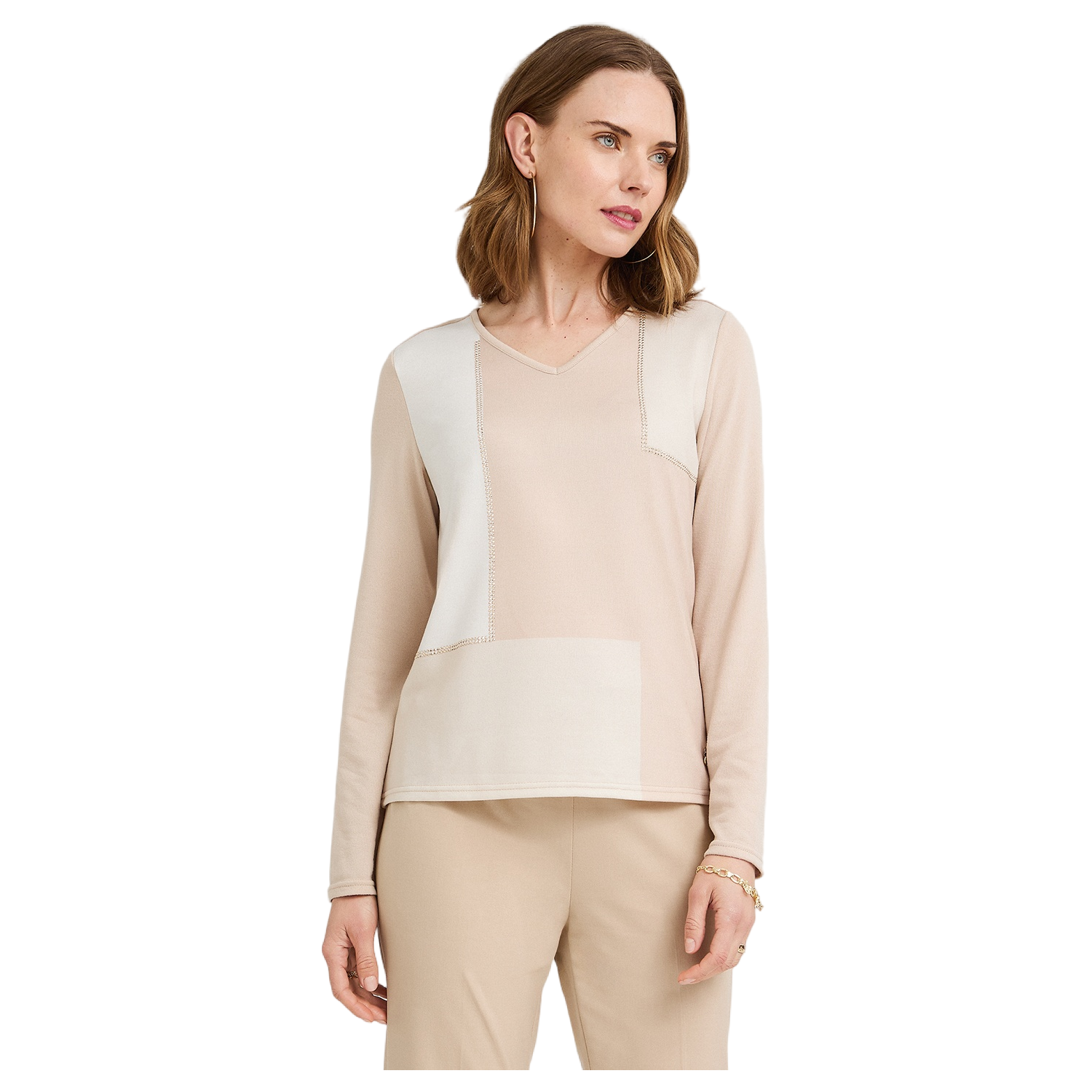 Polera Lanilla Bloques de Color con Strass Beige-0