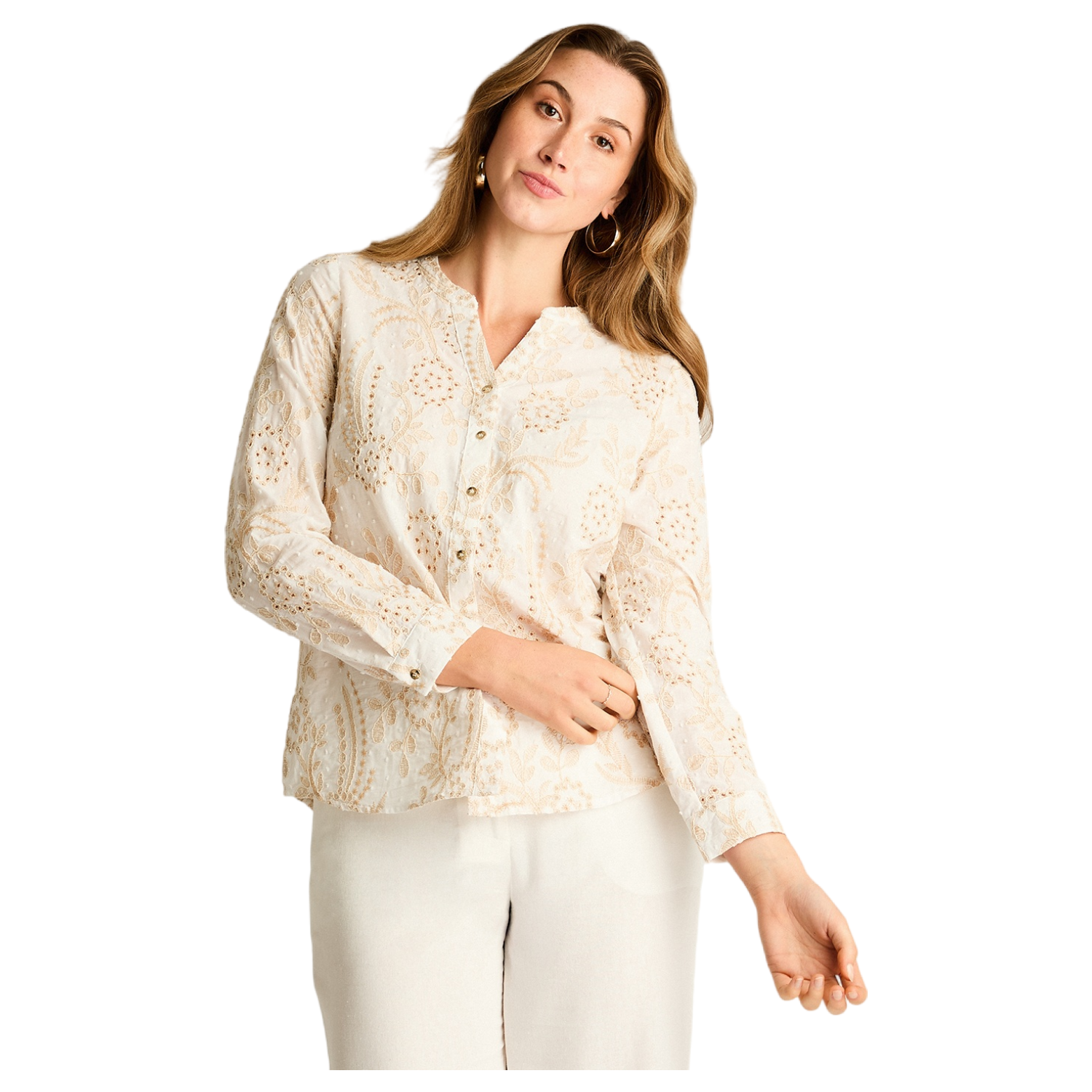 Blusa Beige Larga con Broderie y Escote en V-0