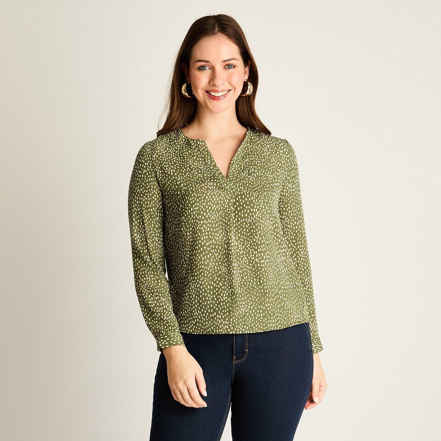 Blusa Verde Estampada con Escote en V-0