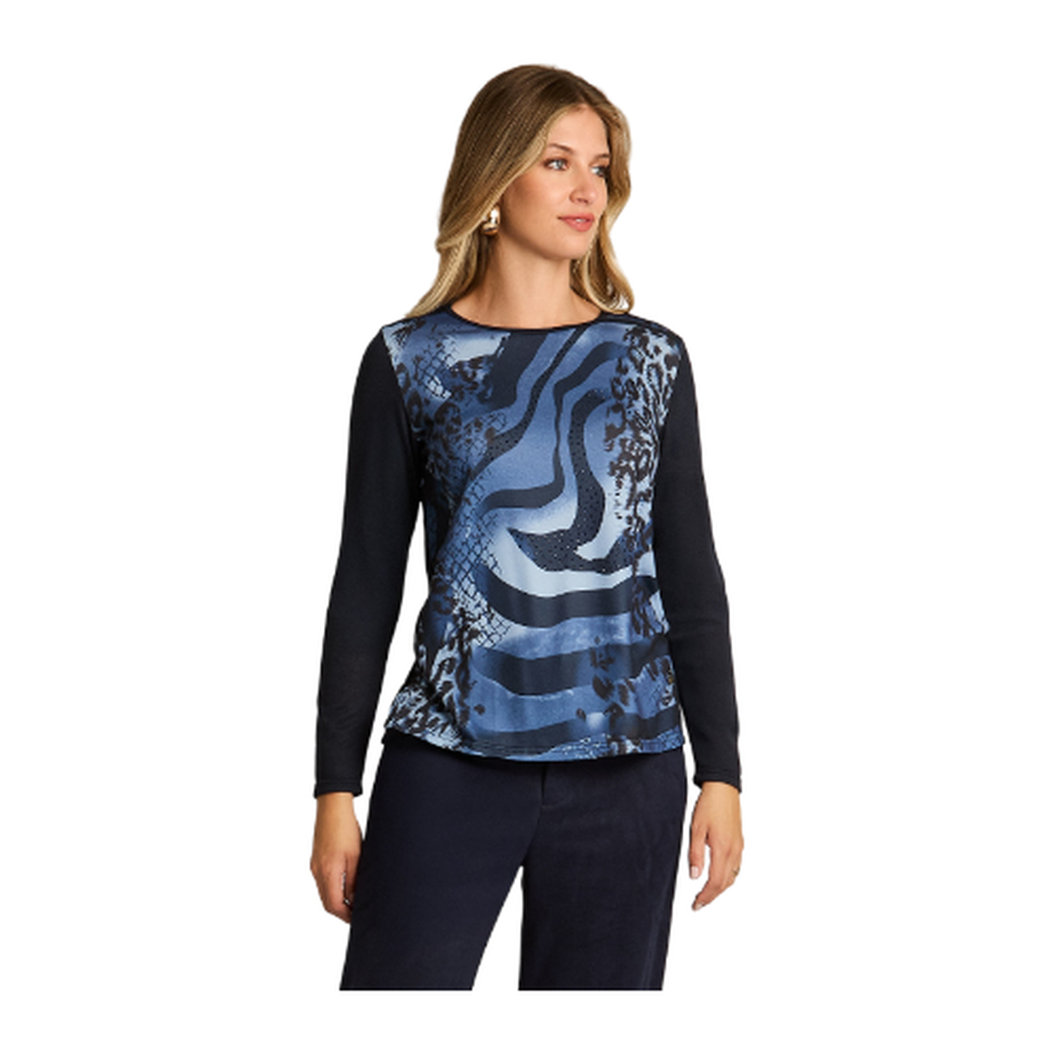 Polera Azul de Lanilla con Estampado y Detalles de Strass-0