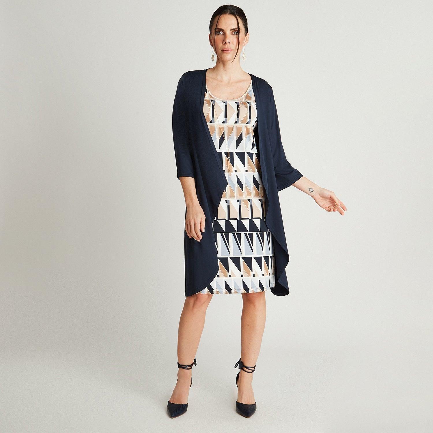 Vestido Midi Azul Manga 3/4 Cuello Redondo Con Tapadito-3