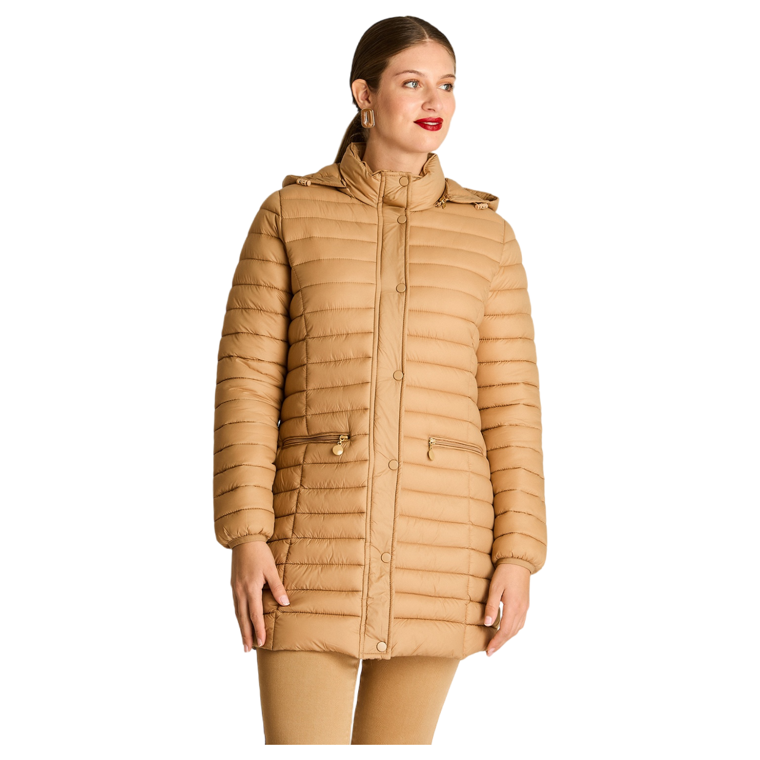 Parka Camel Manga Larga Elasticidad Nula Sin Forro Calce Normal Tela Plano-0