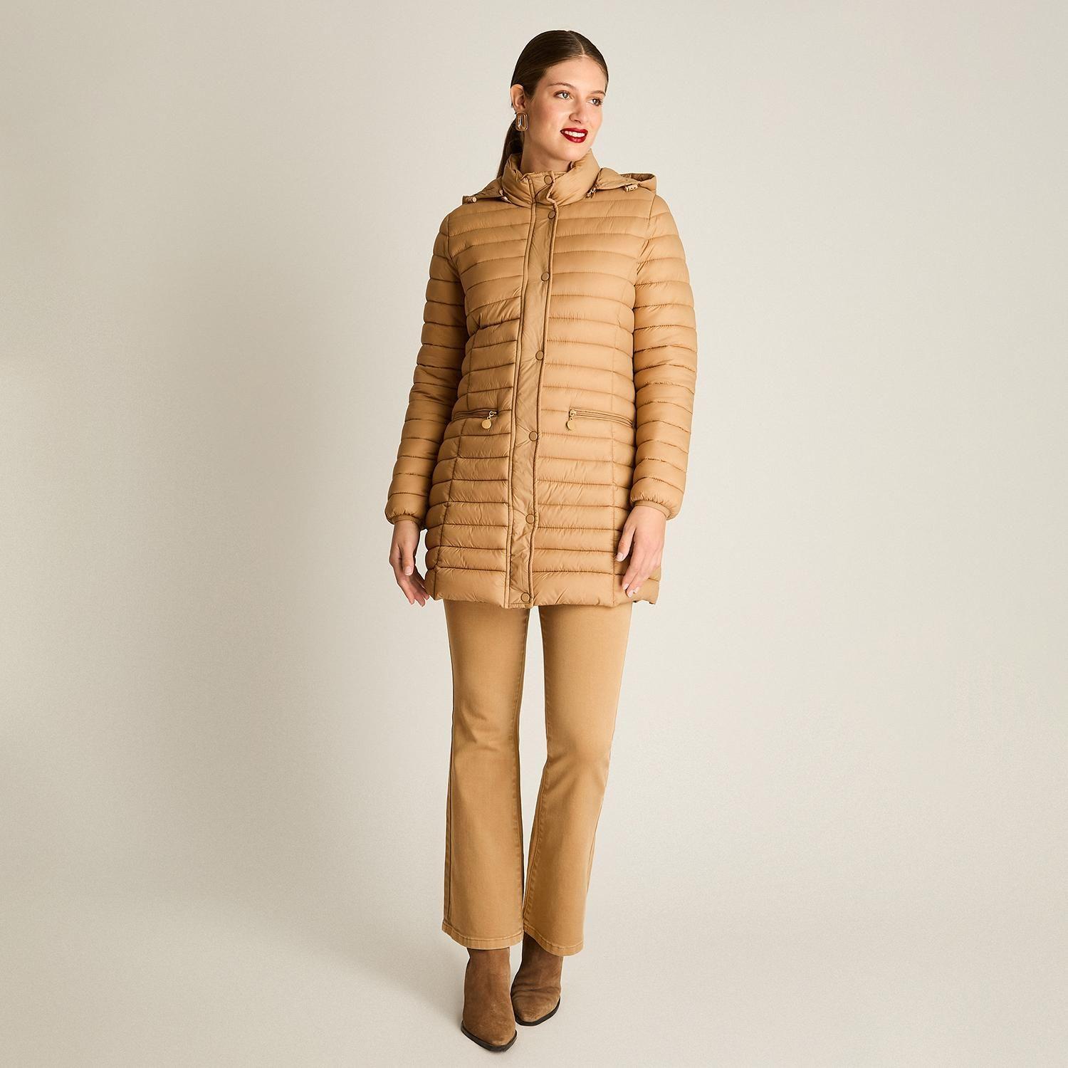Parka Larga Camel con Diseño Quilted y Gorro Desmontable-3