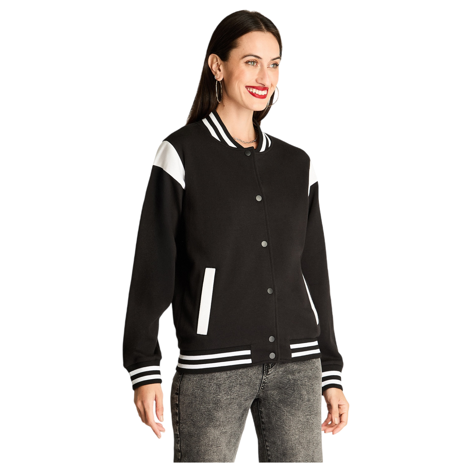 Chaqueta Bomber Con Aplicaciones En Contraste Negro-0