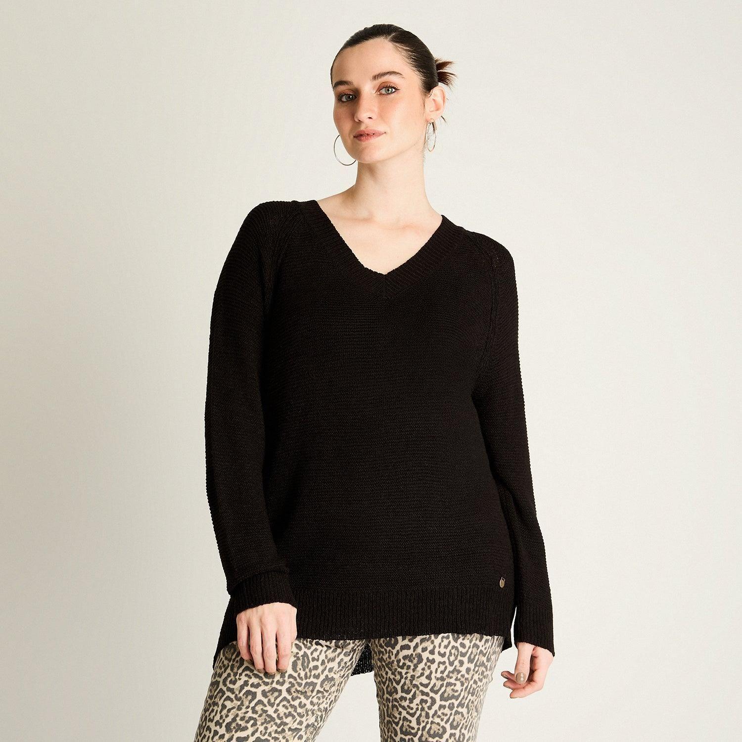 Sweater Negro Manga Larga Baja elasticidad Sin Forro Calce Normal-0