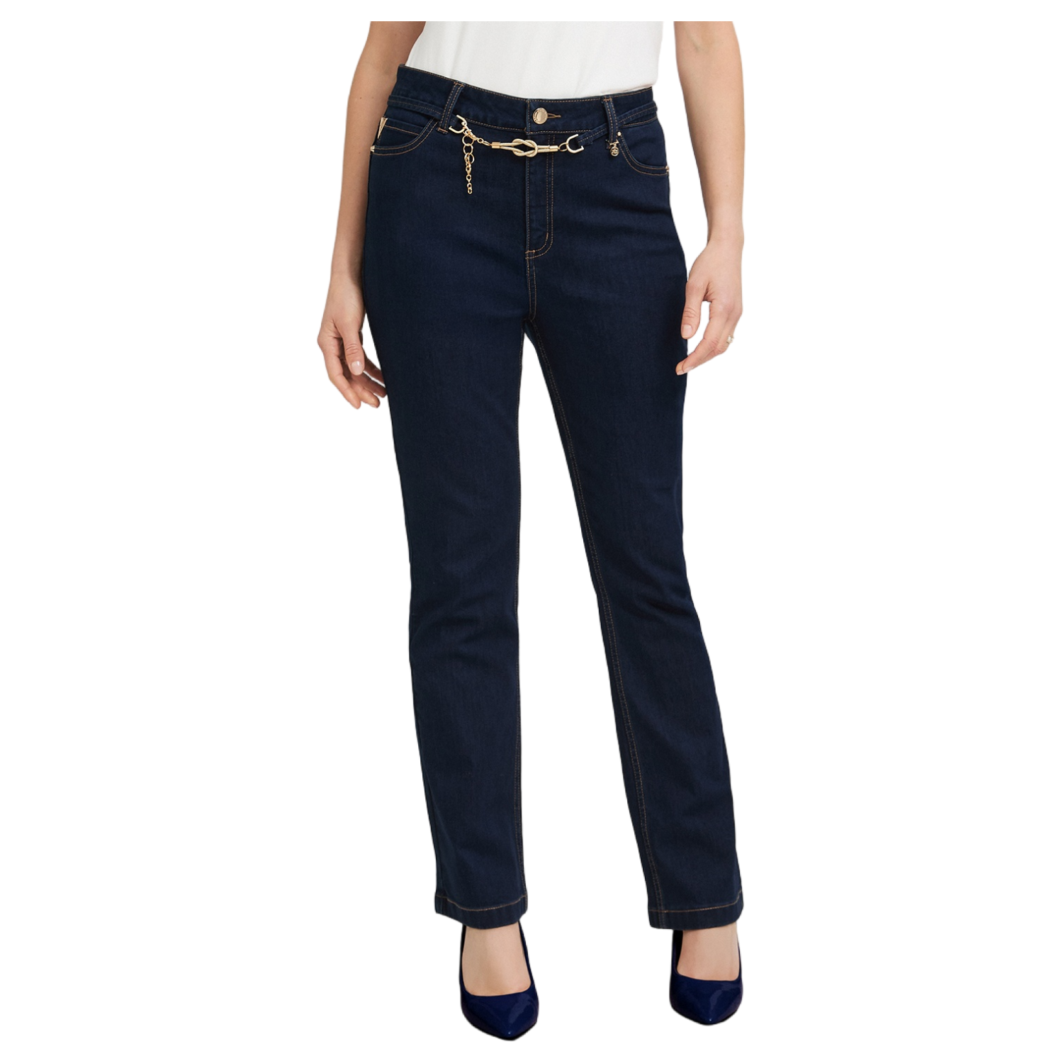 Jeans Flare con Cinturón Dorado Azul-0